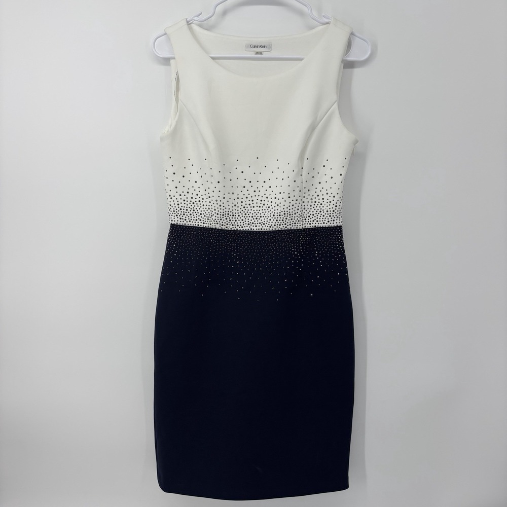 CALVIN KLEIN Sheath Dress White Navy Blue Size 4 Sleeveless Rhinestone Detail